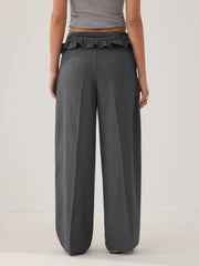 Mid Rise Ruffled Drawstring Wide Leg Trousers