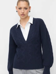 Cable Knit Textured V-neck Long Sleeve Top