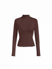 Wool-blend Stand Collar Lettuce Trim Long Sleeve Tee
