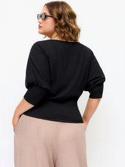 Cotton-blend V-neck Middle Lantern Sleeve Top Curve & Plus