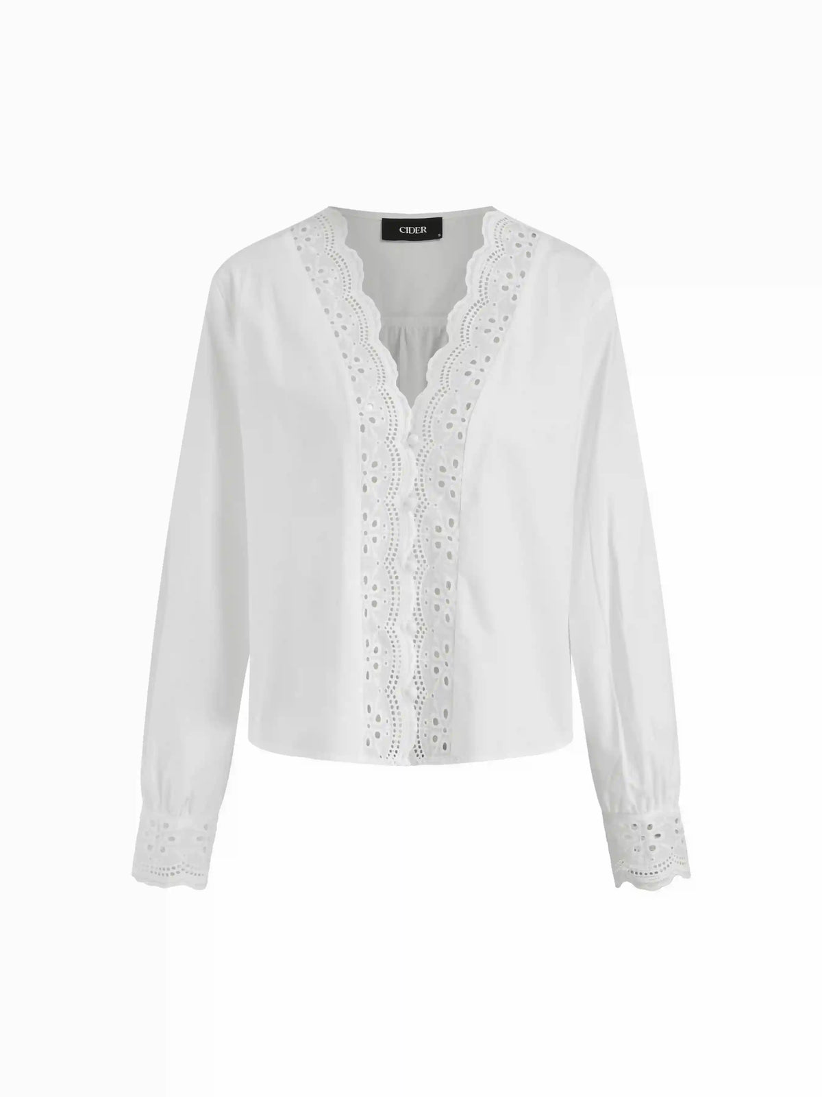 Cotton-blend V-neck Long Sleeve Floral Broderie Anglaise Blouse