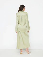 Satin Collar Knotted Flare Sleeve Top & Solid Maxi Skirt Set