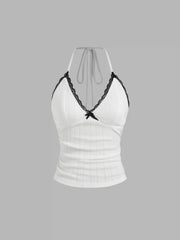 V-neck Bowknot Ruched Lace Trim Halter Top & Mid Rise Wide Leg Trousers Loungewear Set
