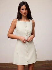 Linen-blend Braided Button Back Belt Square Neck Mini Dress
