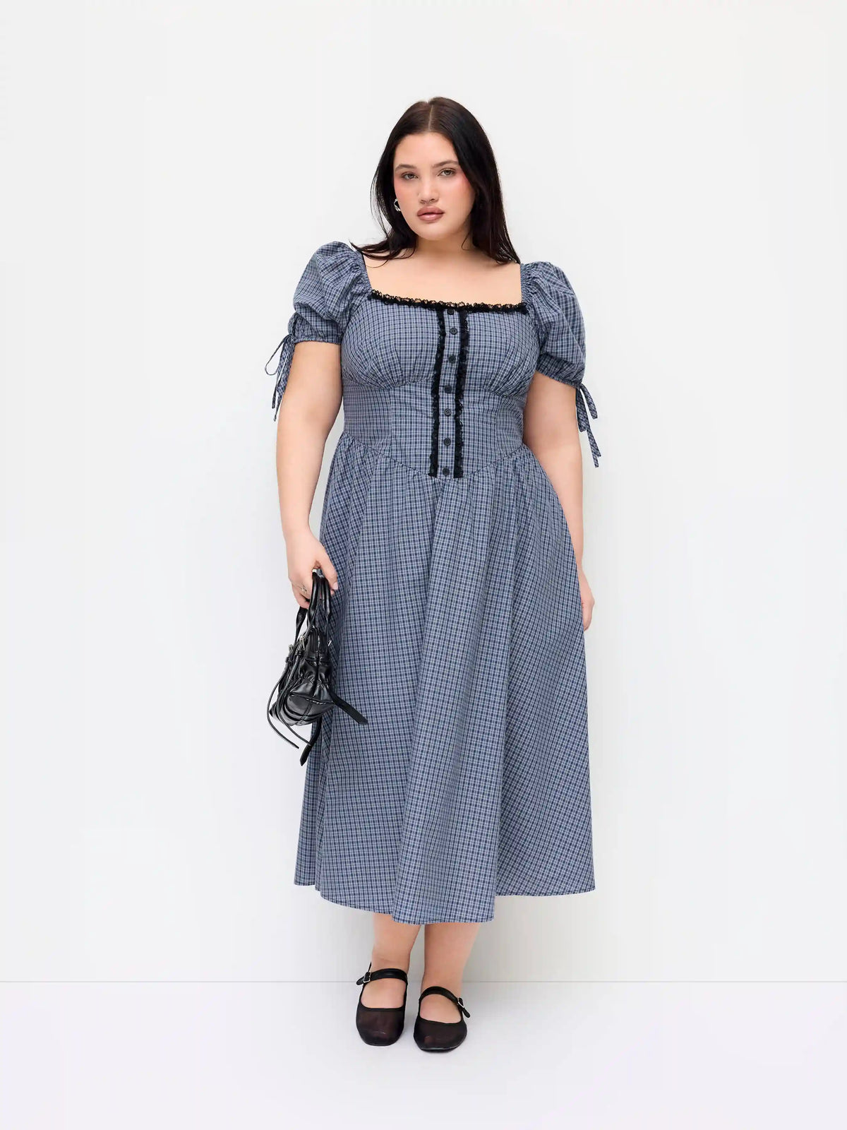 Cotton Plaid Square Neck Knotted Lace Trim Puff Sleeve Midi Dress Curve & Plus