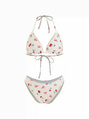 V-neck Check Cherry Graphic Contrasting Binding Halter Cheeky Bikini Swimsuit