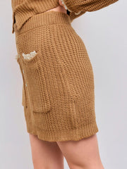 Knit Mid Rise Solid Lace Button Up Mini Skirt