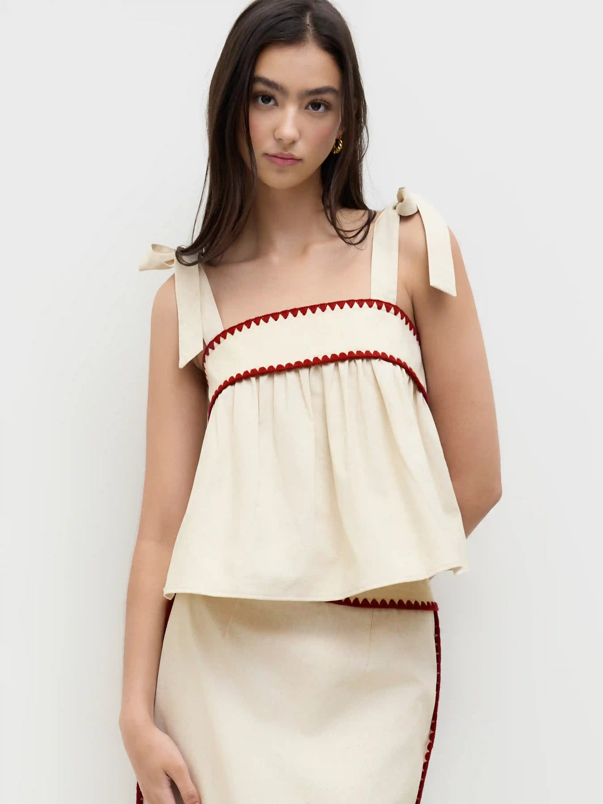 Linen-blend Knotted Contrasting Binding Oversized Cami Top