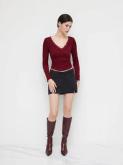 V-neck Solid Lace Trim Ruched Long Sleeve Top