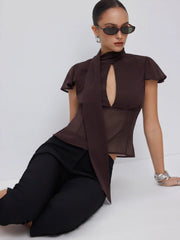 Chiffon Scarf Neck Short Sleeve Cut Out Pleated Blouse