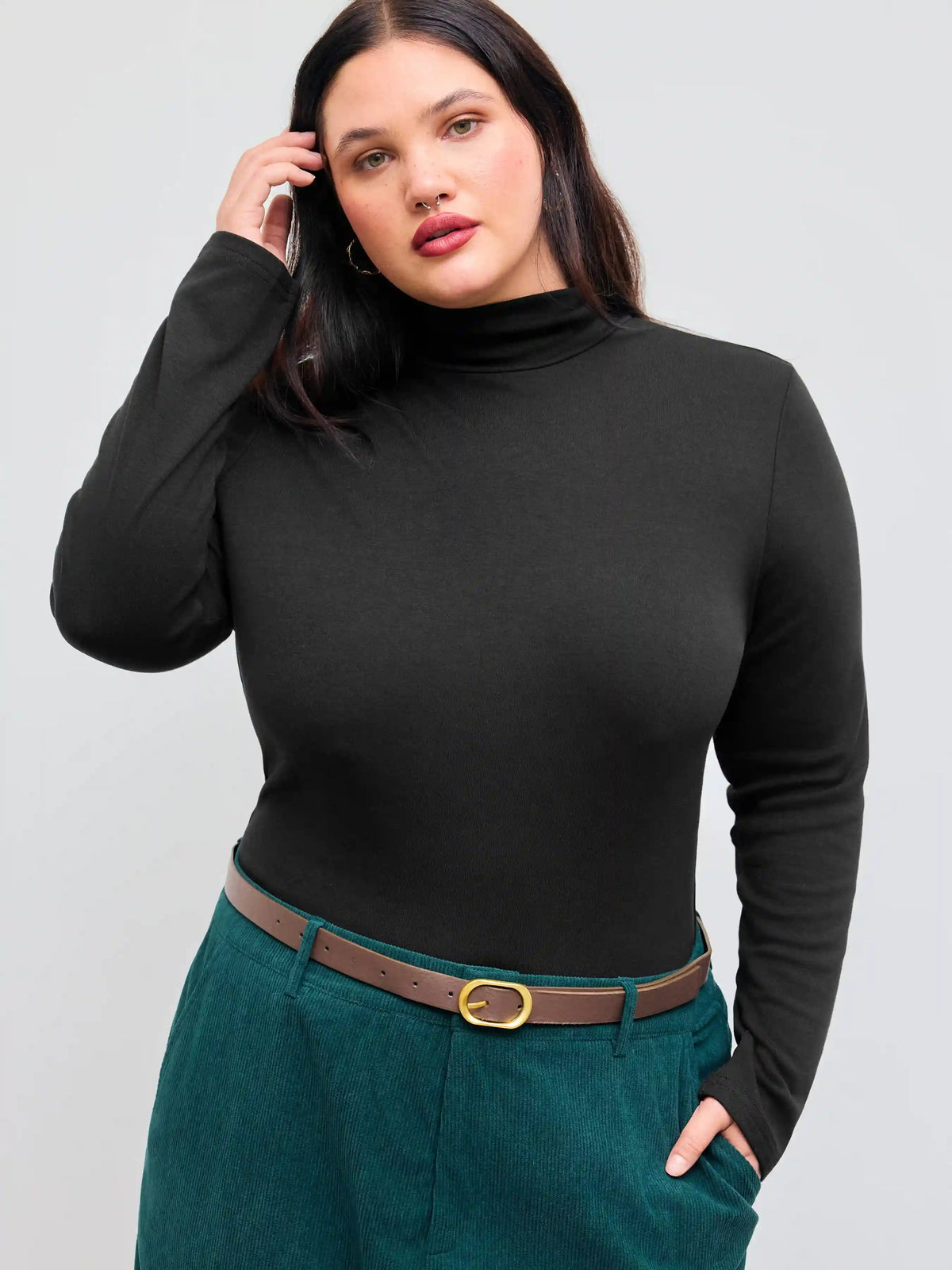 Solid High Neck Jersey Long Sleeve Tee Curve & Plus