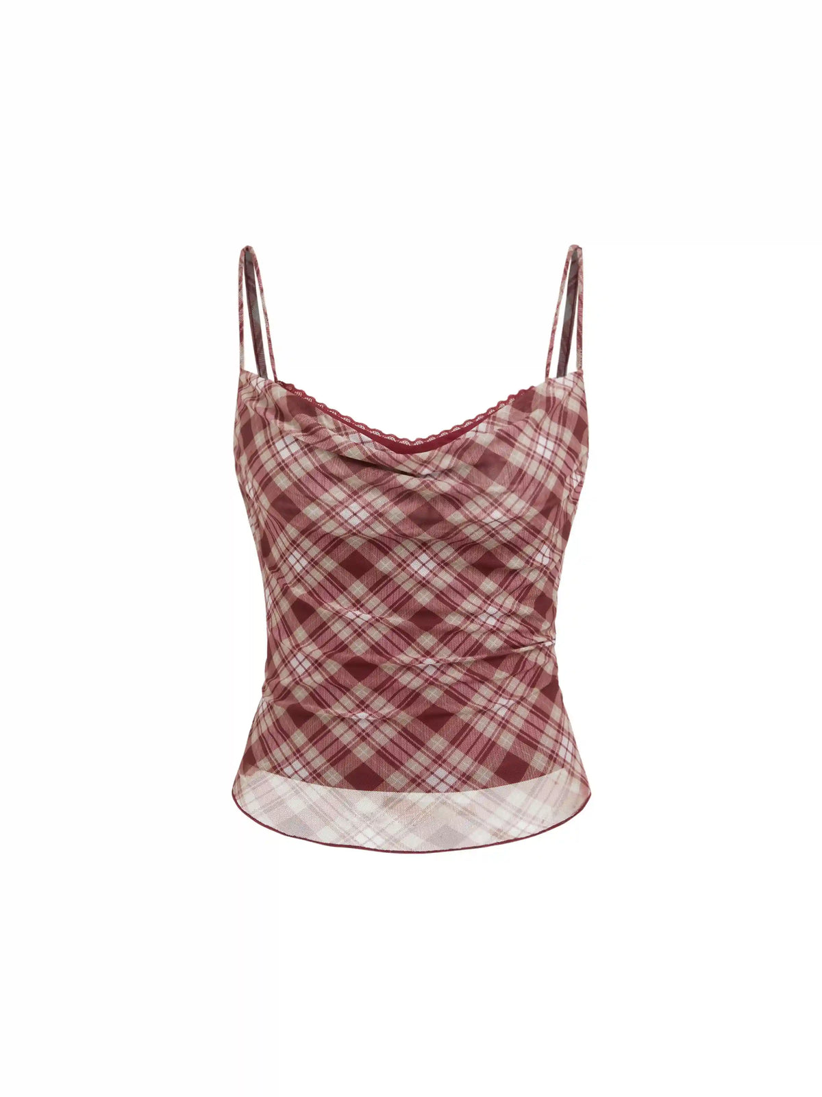 Plaid Cowl Neck Lace Trim Cami Top