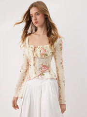 Mesh Square Neck Floral Lettuce Trim Drawstring Ruched Long Sleeve Top