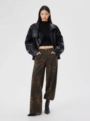 Denim Low Rise Leopard Wide Leg Jeans