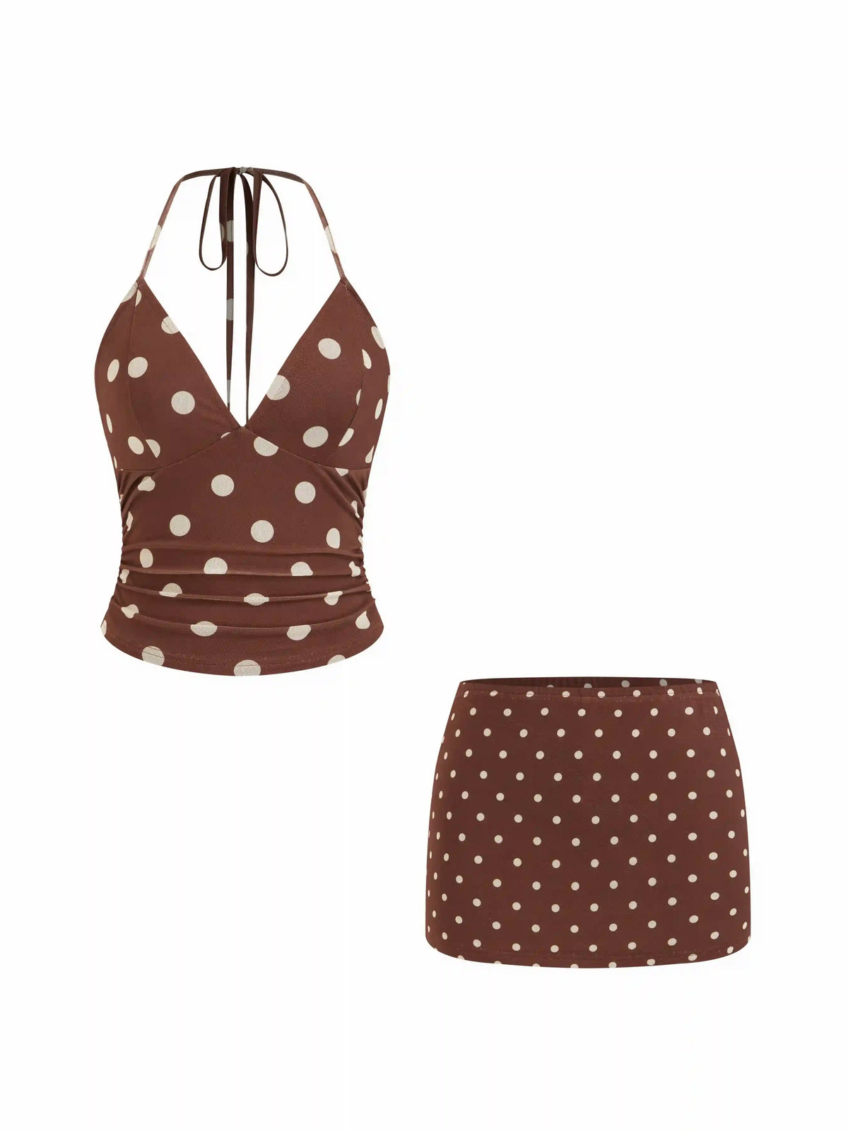 Polka Dot Halter Neckline Ruched Top & Mid Rise Mini Bodycon Skirt Set