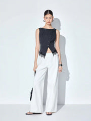 Striped Boat Neck Lace Trim Blazer Vest