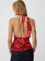 Chiffon Floral V-Neck Backless Crop Cami Blouse With Scarf