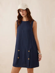 Woven Striped Buttons Sleeveless A-line Mini Dress