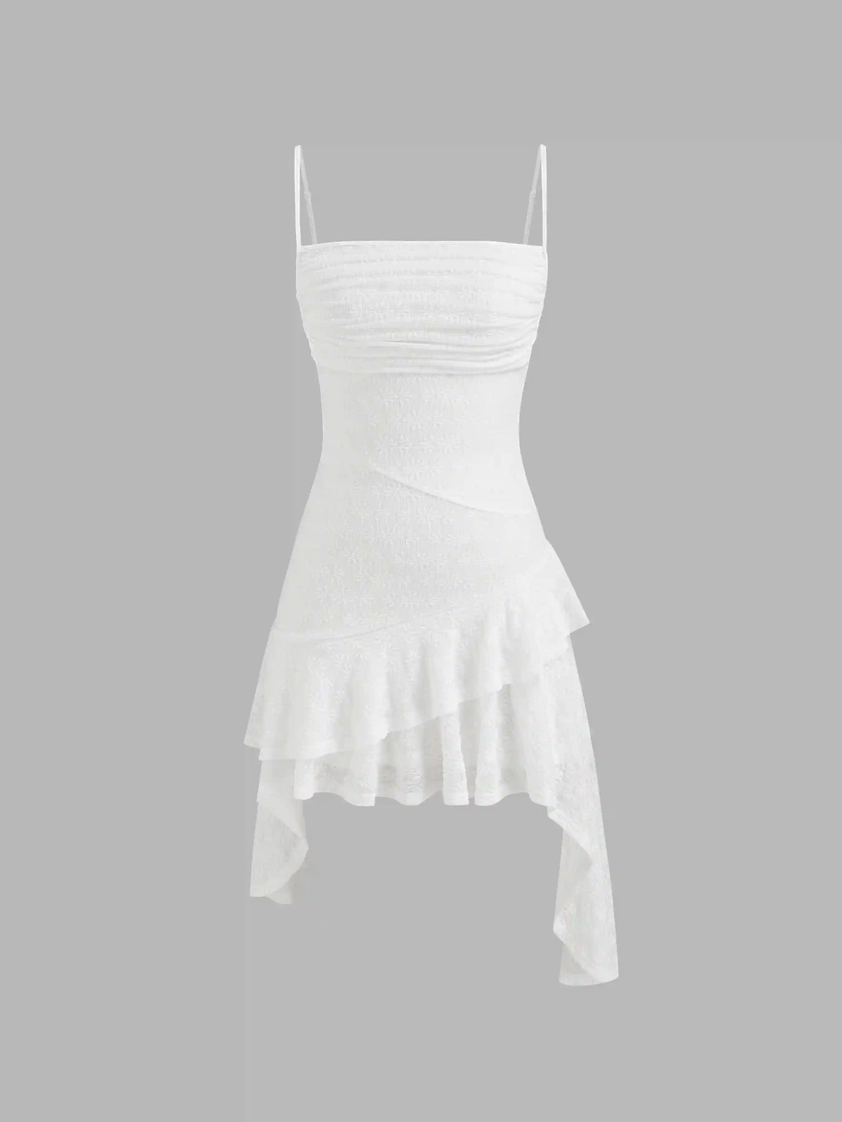 Mesh Floral Texture Ruched Asymmetrical Ruffle Hem Mini Dress
