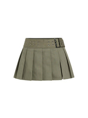 Cotton Low Rise Pleated Metal Detail Belted Mini Skirt