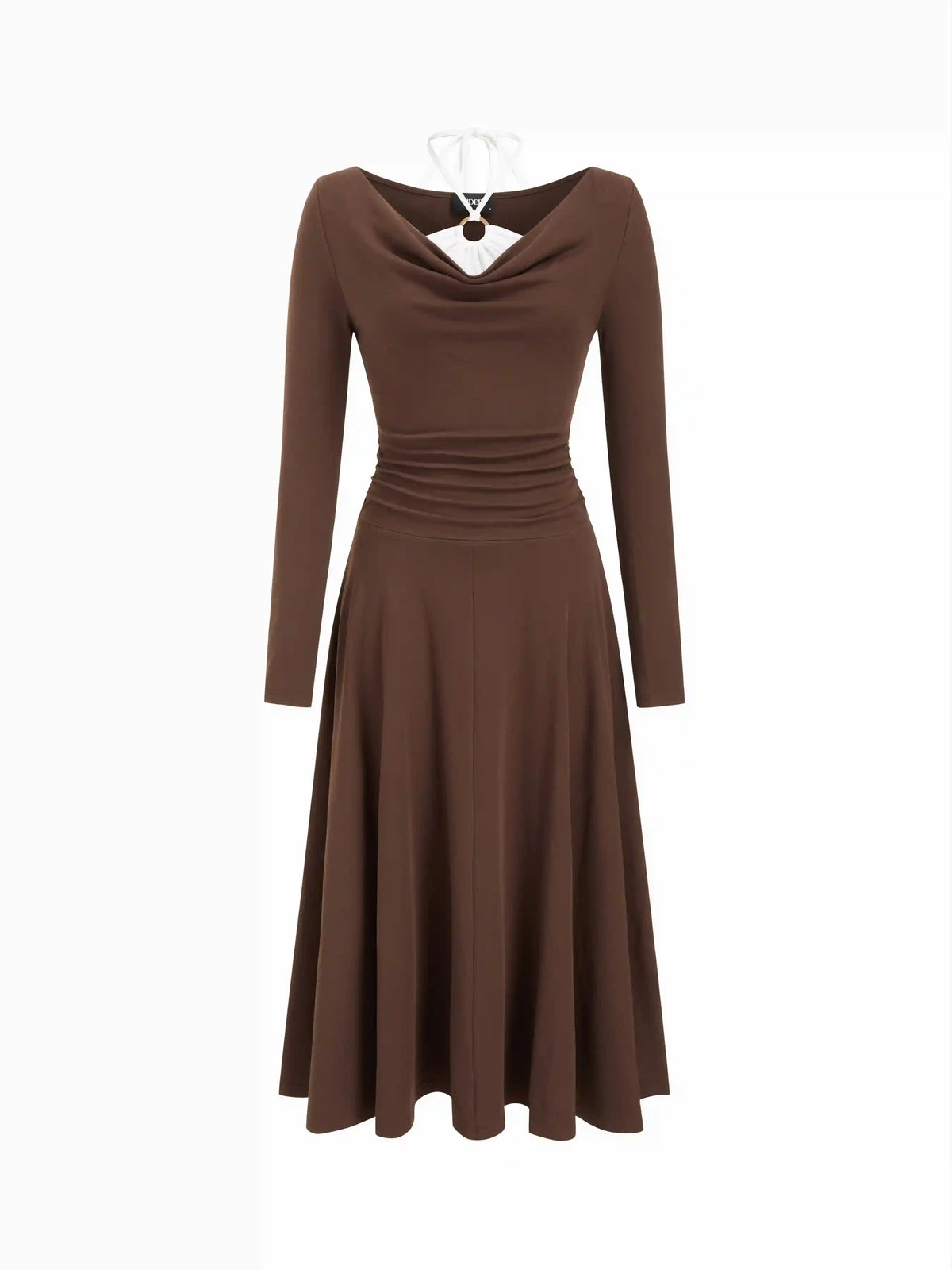 Cotton-blend Cowl Neck Colorblock Ruched Flared Maxi Dress