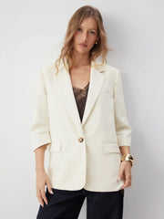 Cream Notched Collar Middle Sleeve Blazer