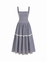 Cotton-blend Gingham Square Neck Ruched Lace Trim Flared Maxi Dress