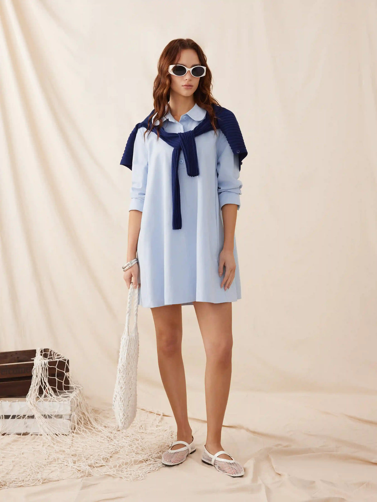 Cotton-blend Oversized Long Sleeve Mini Shirt Dress