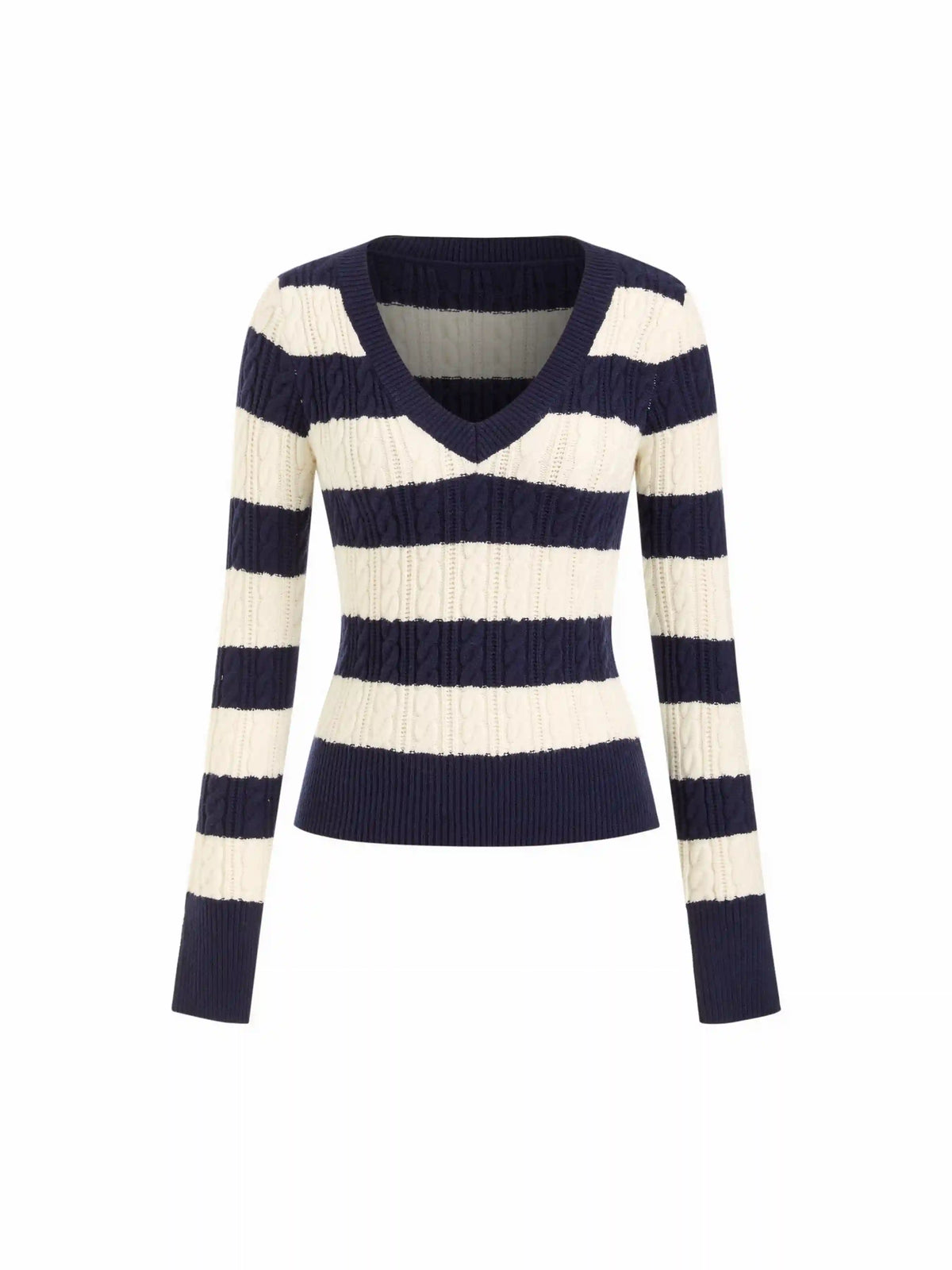 Cable Knit Stripe V-Neck Long Sleeve Top