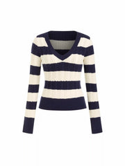 Cable Knit Stripe V-Neck Long Sleeve Top