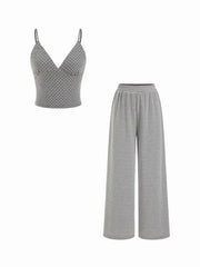 Cotton-blend V-neck Polka Dot Crop Cami Top & Mid Rise Striped Wide Leg Trousers Set