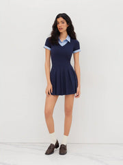 Cotton Collar Stripe Pleated Two Tone Mini Dress