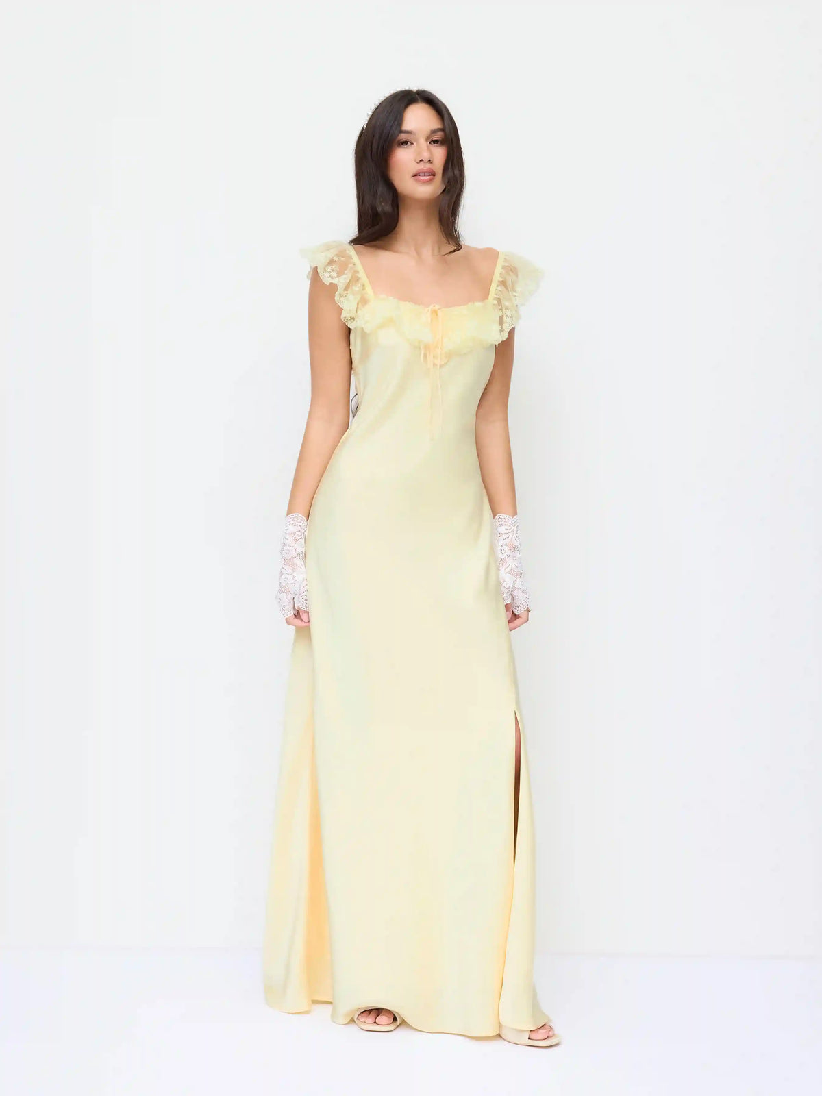 Satin Square Neck Lace Ruffled Split Slip Maxi Dress