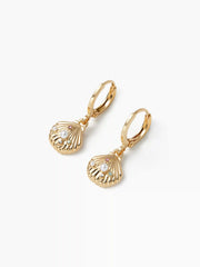 FAUX PEARL & RHINESTONE DECOR SHELL DROP HOOP EARRINGS