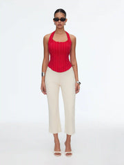 Striped Halter Neckline Lace Trim Corset Cami Blouse