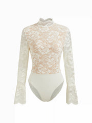 Floral Lace Stand Collar Ruffle Long Sleeve Bodysuit