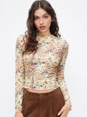 High Neck Floral Lettuce Trim Long Sleeve Top