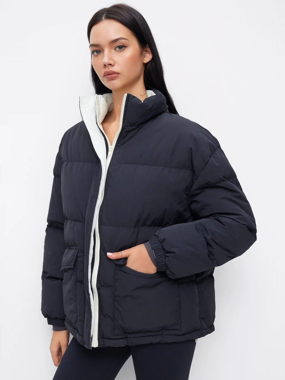 Reversible Stand Collar Colorblock Drawstring Zip Through Oversized Puffer