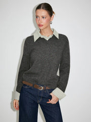 Knit Collar Check Two Tone Button Top