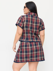 Cotton Plaid Blouse & Lace Trim Bowknot Mini Skirt Set Curve & Plus