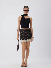 Mid Rise Floral Lace Trim A-line Mini Skirt