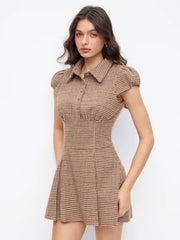Collar Houndstooth Pleated Ruched Mini Dress