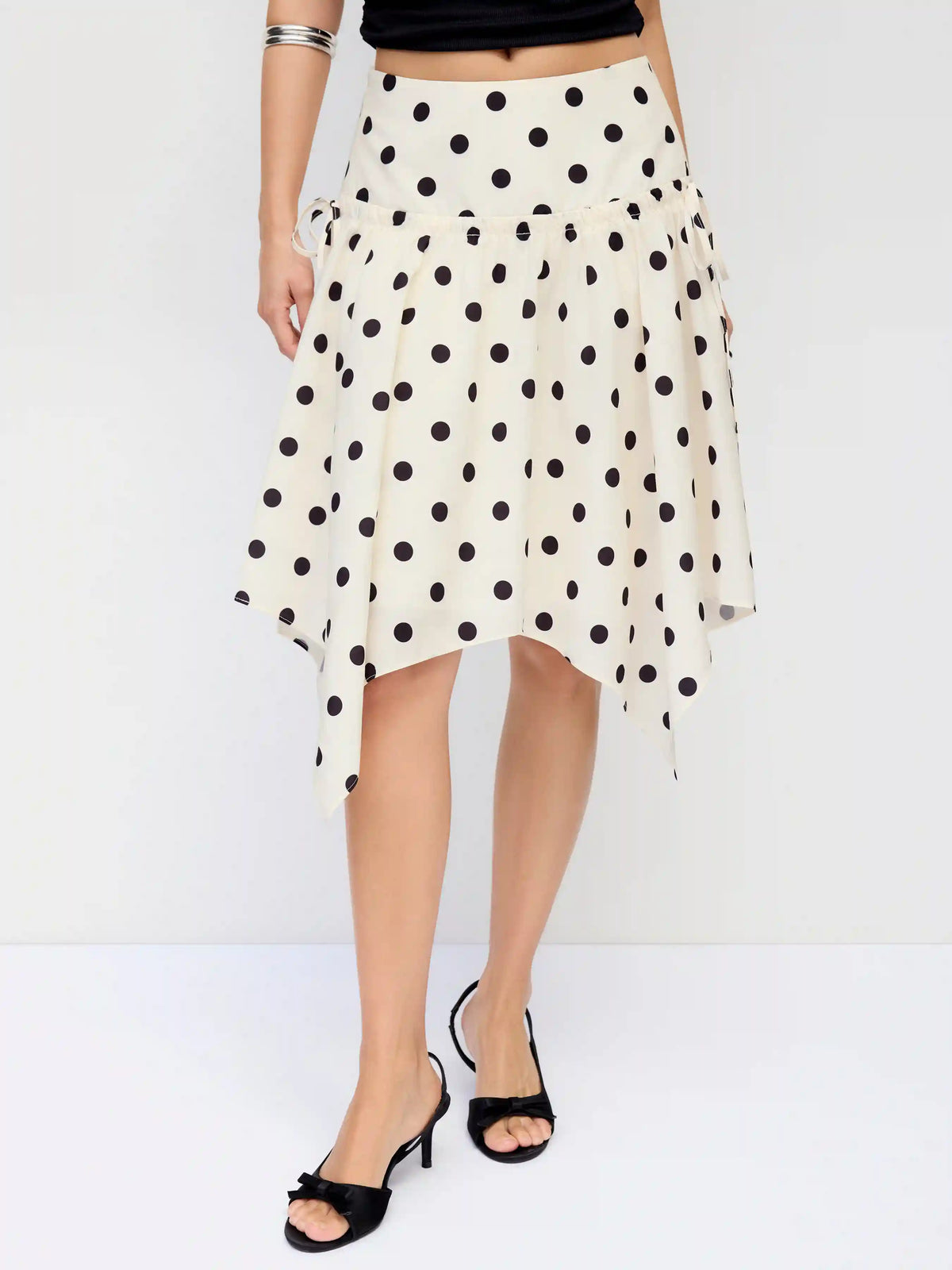 Mid Rise Polka Dot Twist Knotted Hanky Hem Midi Skirt