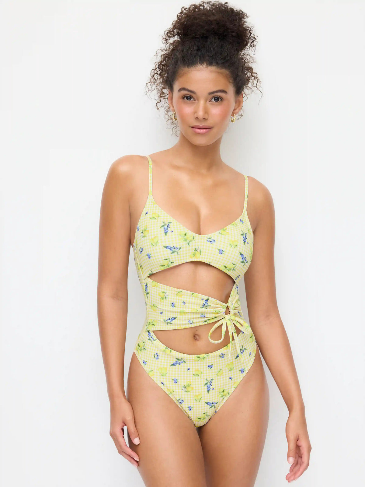 Sweetheart Gingham & Fruit Graphic Cut Out One Piece Swimsuit