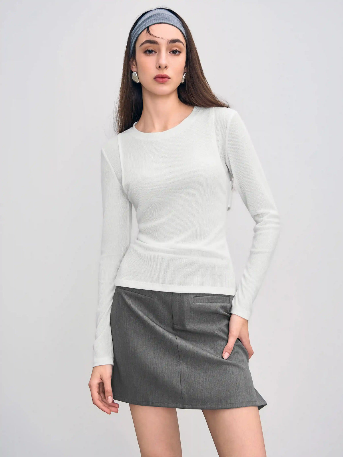 Round Neck Cut Out Solid Long Sleeve Top