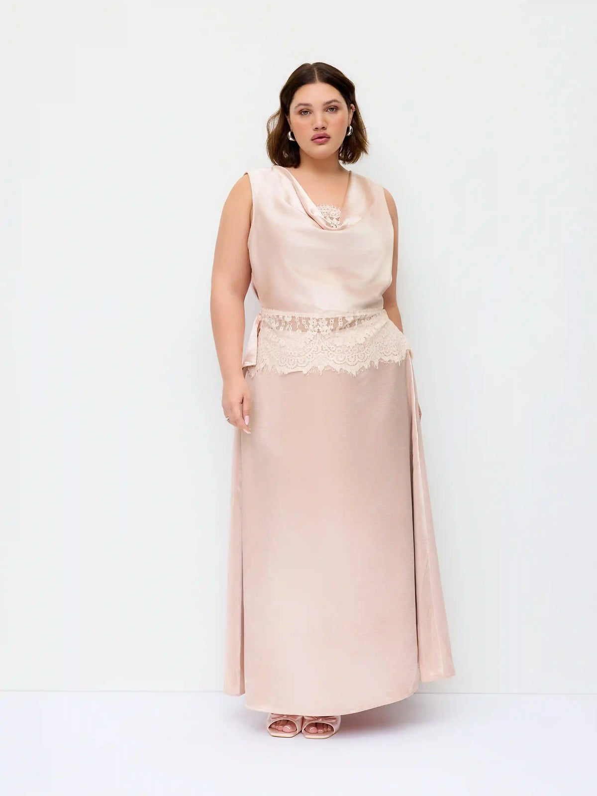 Satin Cowl Neck Lace Panel Top & Mid Rise Flared Maxi Skirt Set Curve & Plus