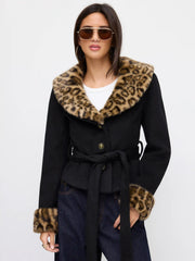 Wool-Look Faux Leopard Fur Trim Collar Cinched Waist Jacket With Belt