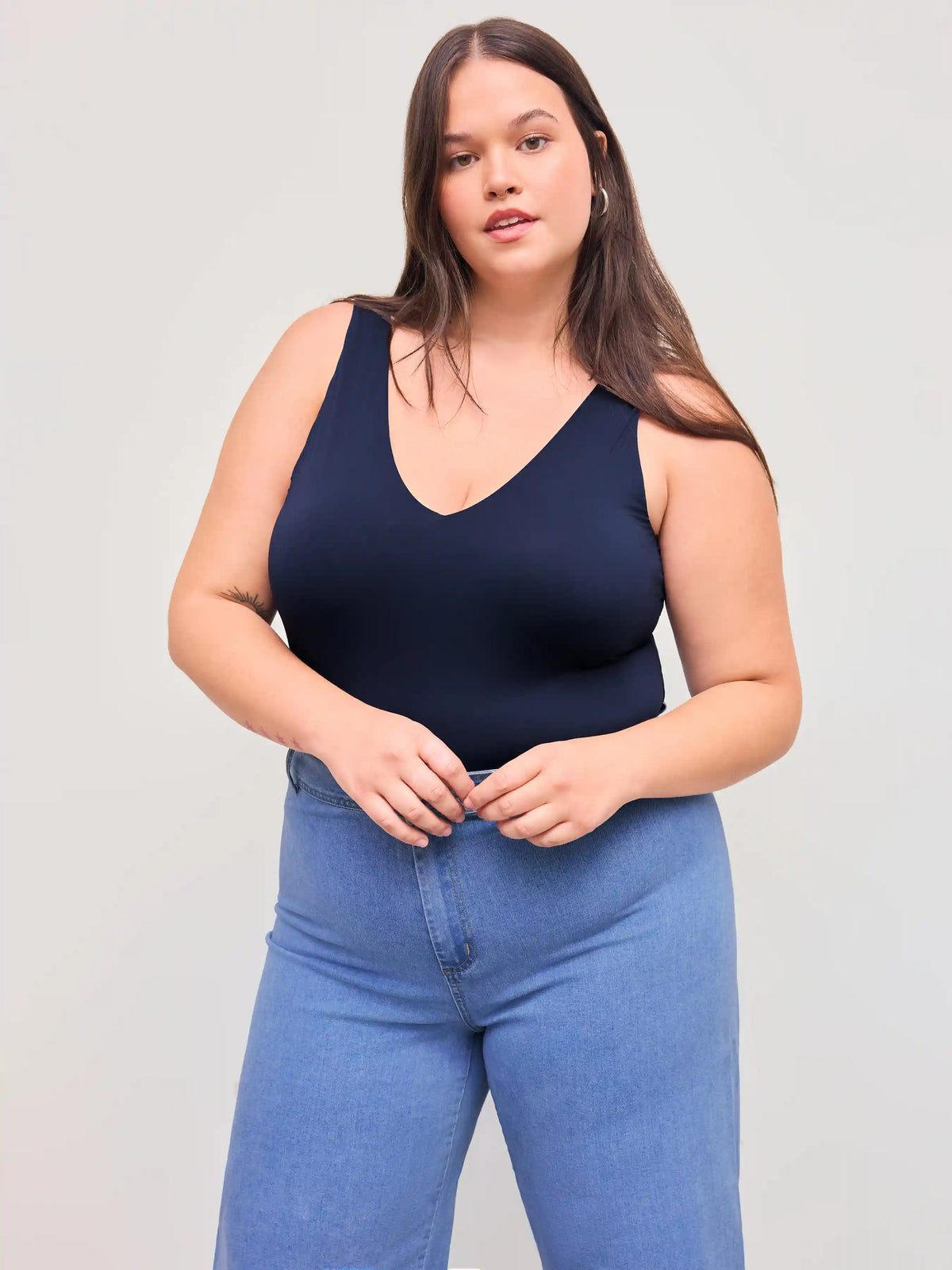 Second Skin Double Layered V-neck Solid Bodysuit Curve & Plus