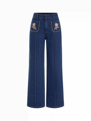 Floral Embroidery High-Waist Straight Leg Denim Jeans