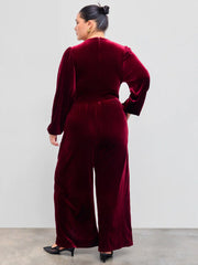 Velvet V-neck Solid Ruched Pocket Wide Leg Jumpsuit Curve & Plus